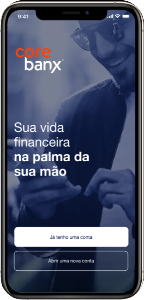 Celular exibindo a tela inicial de um app bancário, com as opções de entrar em uma conta existente ou abrir uma nova