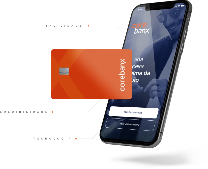 Cartão Corebanx laranja à frente de um celular exibindo o app da instituição